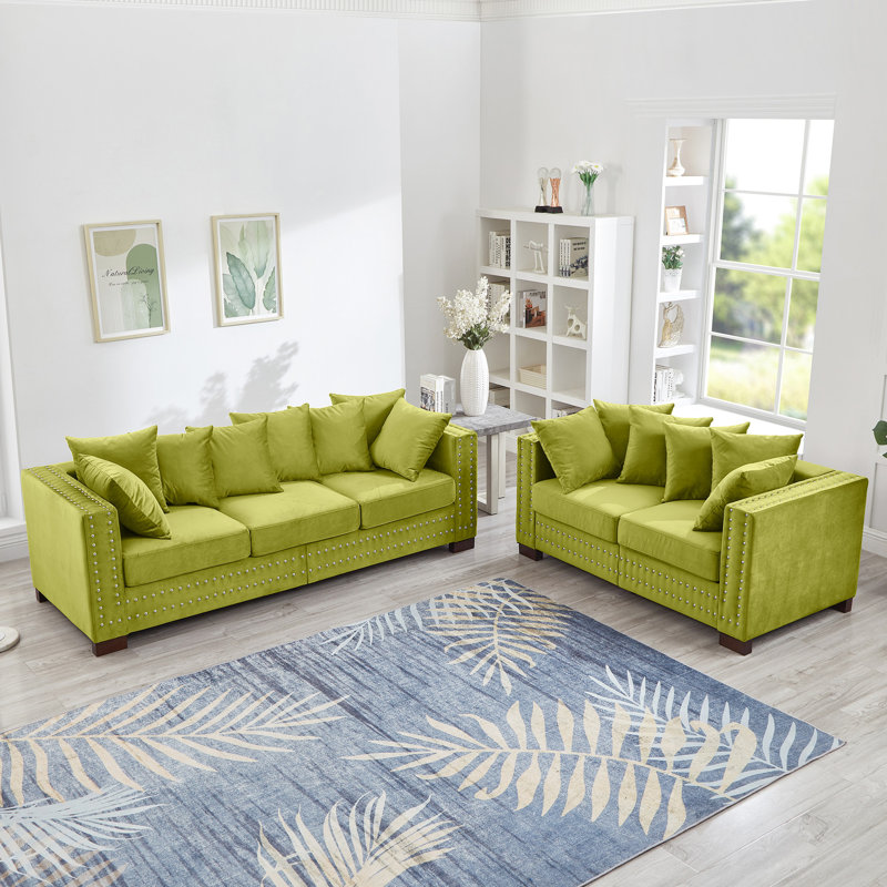 Salon en velours 5 places de style moderne avec accoudoirs carrés, structure en bois massif, housses de coussin amovibles et accoudoirs de rangement 2 + 3, décoration clous argentés, coussins à ressorts