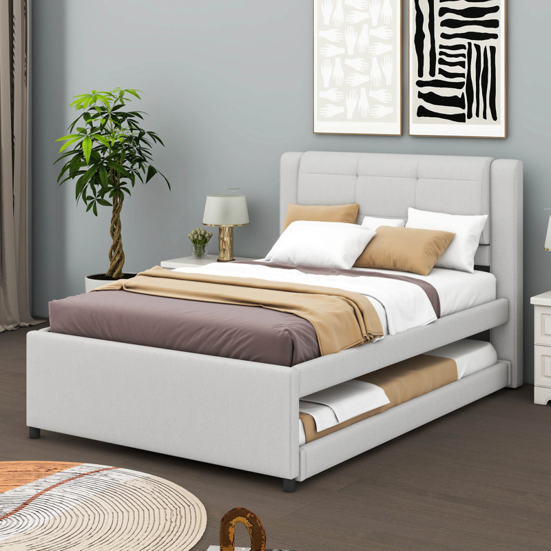 Ovilla Full Size Upholstery platform bed with Trundle,Trundle can be flat or erected, Beige