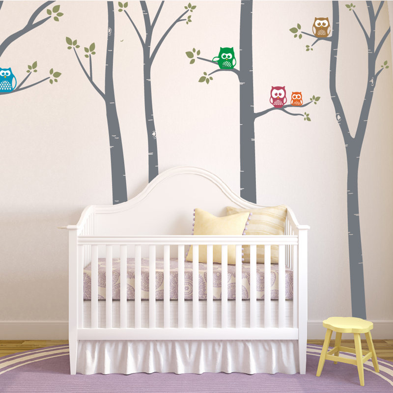 Décalcomanie murale arbres bouleau hibou, Gris