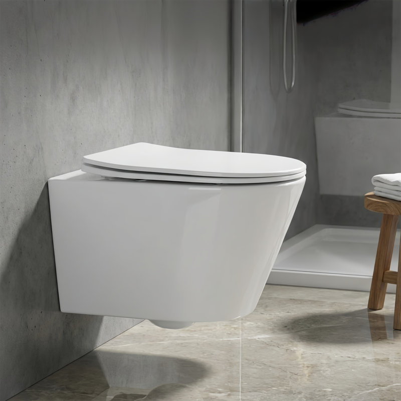 Wall Hung Toilet Bowl with Rimless Flush, D-Shaped Design, 0.8/1.6 GPF Dual Flush, Quiet Close Soft Seat, Quick-Release Hinges, Fully Skirted Trapway, White