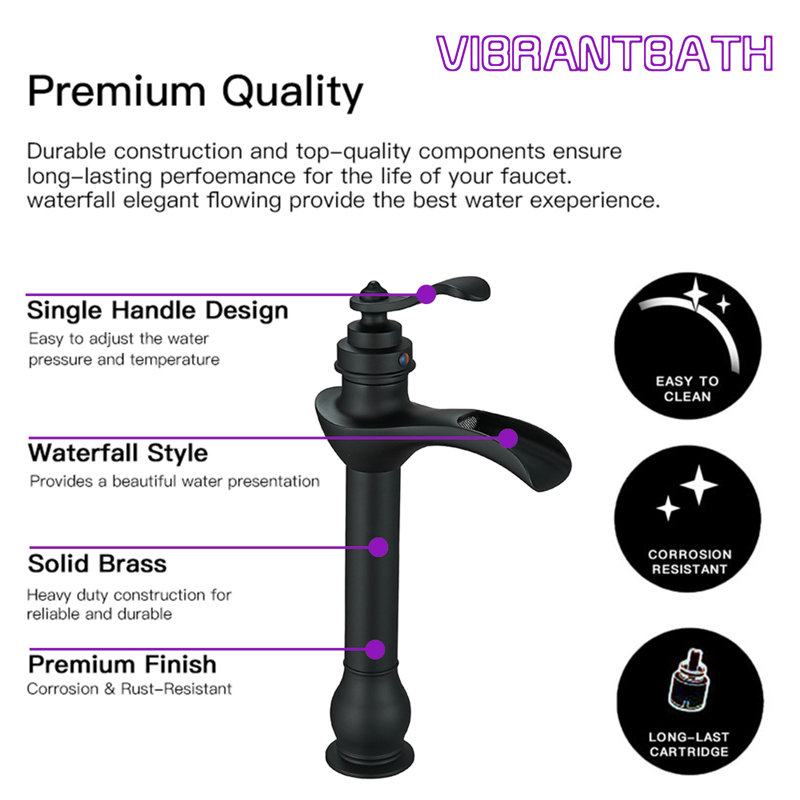 Matte Black Tall Vessel Sink Faucet with Waterfall Spout and Drain Assembly