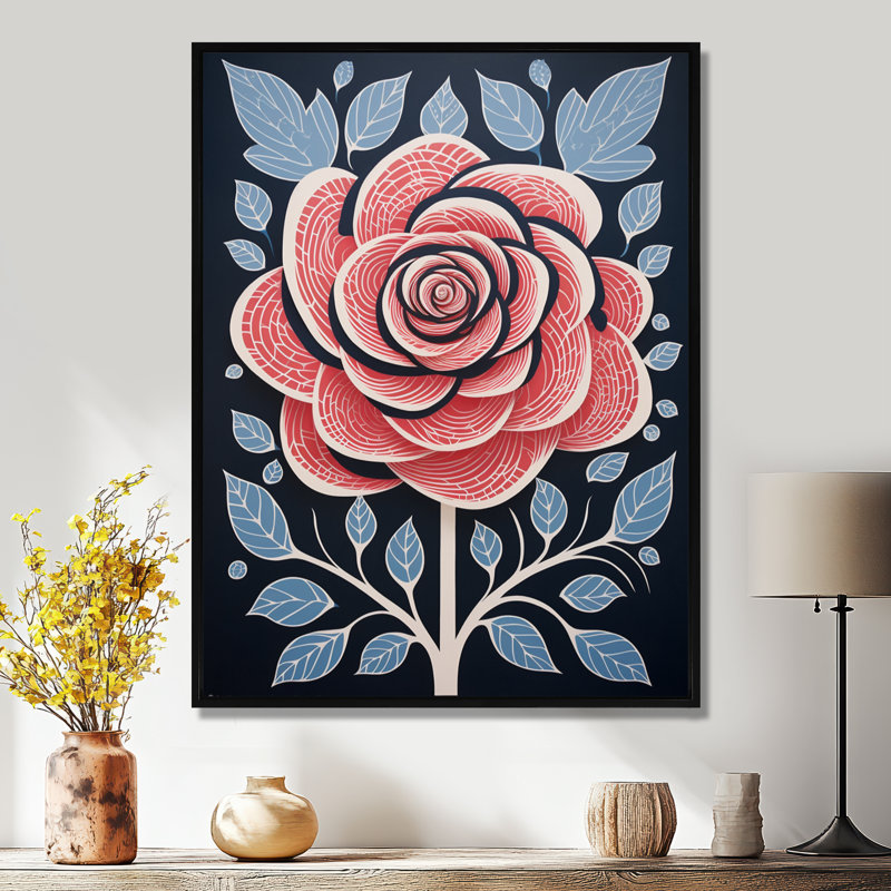 Rouge rouge, feuilles bleues, Illustration rétro - impression d'art mural rose, H 44 po x l 34 po x P 1,5 po