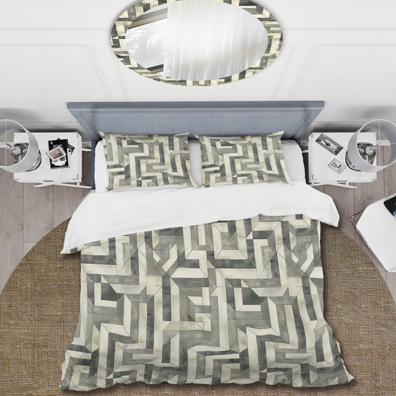Ensemble de housse de couette gris beige Midcentury Maze II - Midcentury, Housse de couette pour grand lit et 2 taies décor