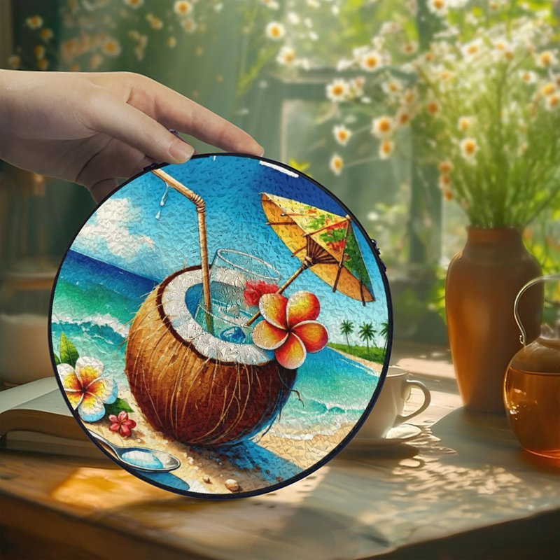 Panneaux en vitrail attrape-soleil « Boisson à la noix de coco » pour la décoration de fenêtre, 7,8 x 7,8 po (20 x 20 cm)