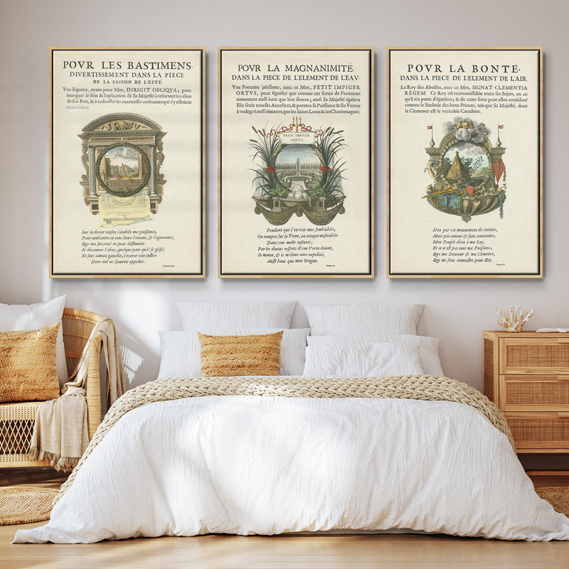 Ex-libris imprimé I - ensemble de 3 reproductions encadrées sur toile, Naturel, H 27 po x l 54 po