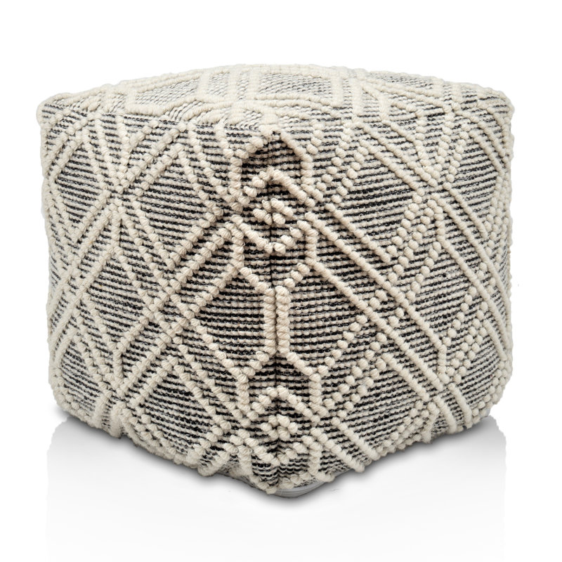 Upholstered Pouf, Ivory/Charcoal Wool