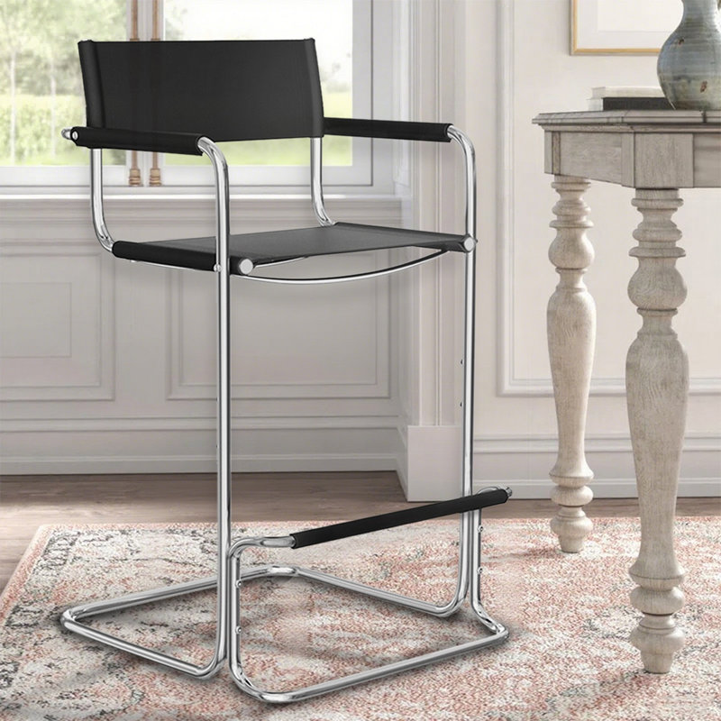 Tabouret de bar moderne en acier inoxydable avec siège et accoudoirs en similicuir noir, Noir