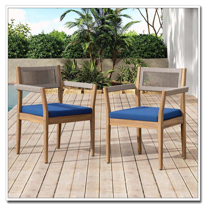 Ensemble de 2 chaises d'extérieur tressées en bois d'acacia avec coussins de style teck, corde beige et bleu marine