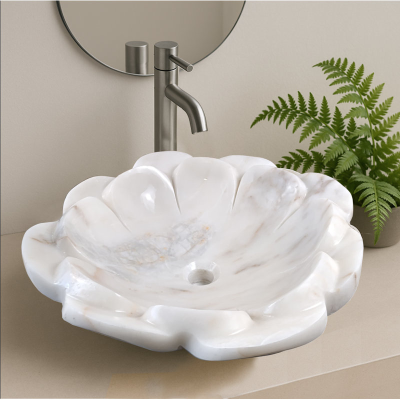 White Marble Flower-Shaped Vessel Sink – 17.7 Inch Handcrafted Afyon Marble Bathroom Sink