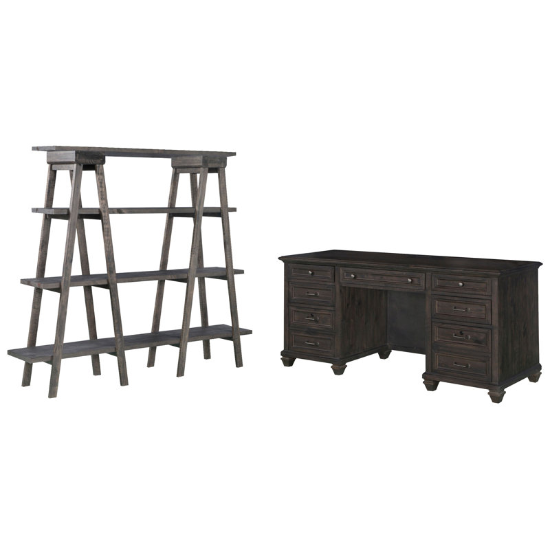 Credenza With Bookshelf, 2 Pieces: Desk, Bookshelf, Weathered Charcoal