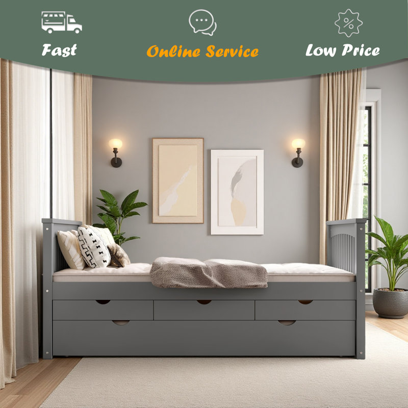 Lit plateforme simple avec tiroirs et lit gigogne, lit de jour en bois massif, sans sommier, Gris