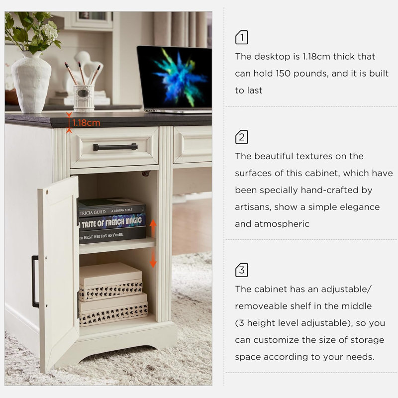 Ohana 58'' W Rectangle Computer Desk with Storage Cabinet and Drawers, Workstation for Office Home, Black/White