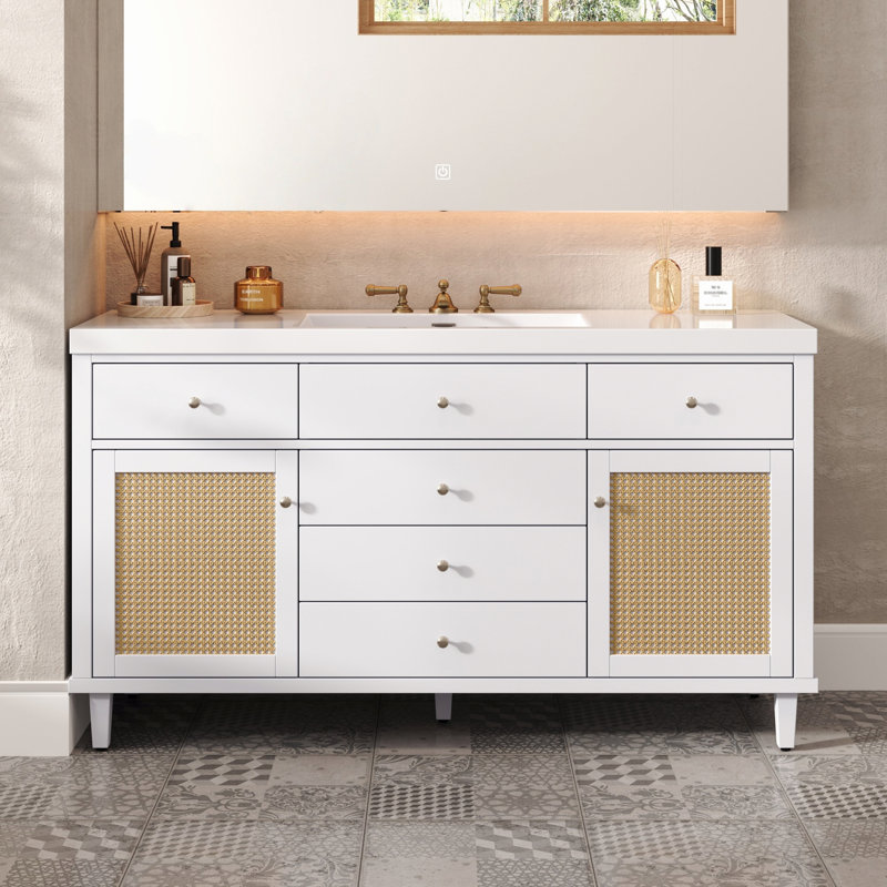 Meuble-lavabo de salle de bain avec lavabo, armoire de rangement avec tiroirs à fermeture en douceur et boutons en métal