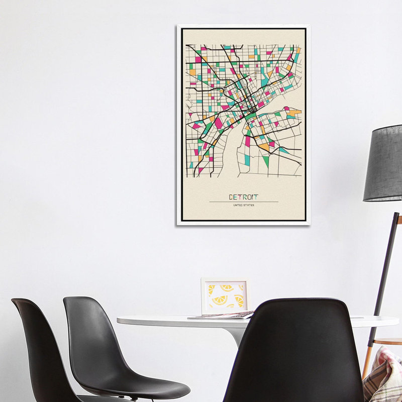 Detroit, Michigan Map by Ayse Deniz Akerman - Print on Canvas, 101.6cm H x 66.04cm W x 3.81cm D, White Framed