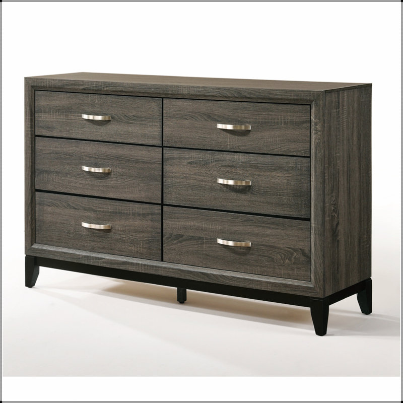 Commode Valdemar au fini gris patiné avec six tiroirs spacieux et un design contemporain pour les chambres modernes