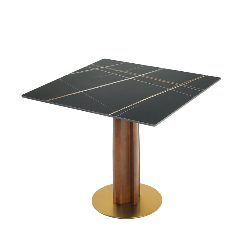 Table en pierre frittée de 33,5 po avec des pieds en bois massif et une base dorée pour les repas de 2 personnes dans les petits espaces de travail de la cuisine, taches de finition carrée moderne pour la maison, conception fonctionnelle stable
