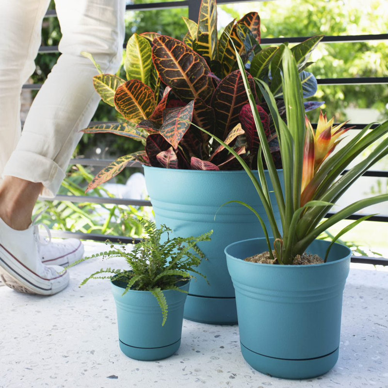 Saturn Traditional Plastic Indoor/Outdoor Round Planter with Saucer, 10.75" H x 12.25" W x 12.25" D, Royal Lilac
