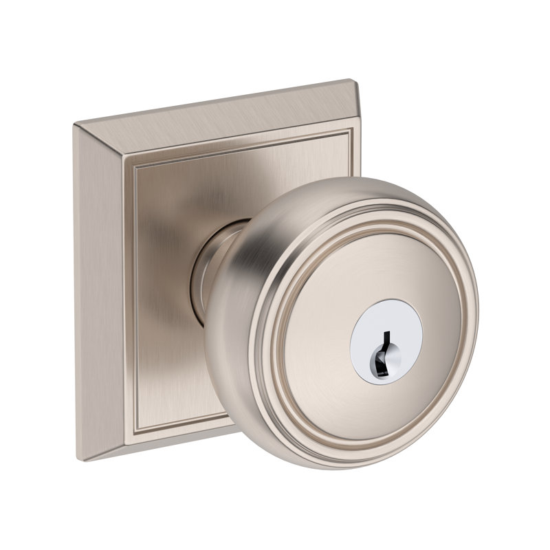 Bremerton Keyed Entry Knob with Chamfered Square Rose in Venetian Bronze, Satin Nickel