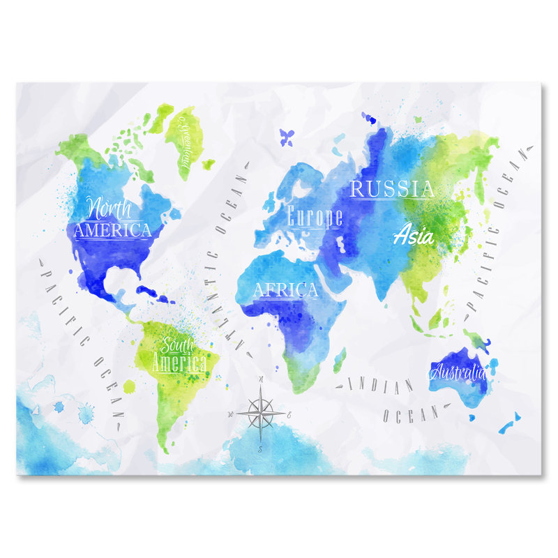 Carte du monde en vert et bleu - Impression sur toile, H 30 po x l 40 po x 1,5 po, Toile tendue