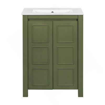 Petit meuble-lavabo de style vintage 24 po avec lavabo en céramique, 2 portes à fermeture douce, tablette réglable
