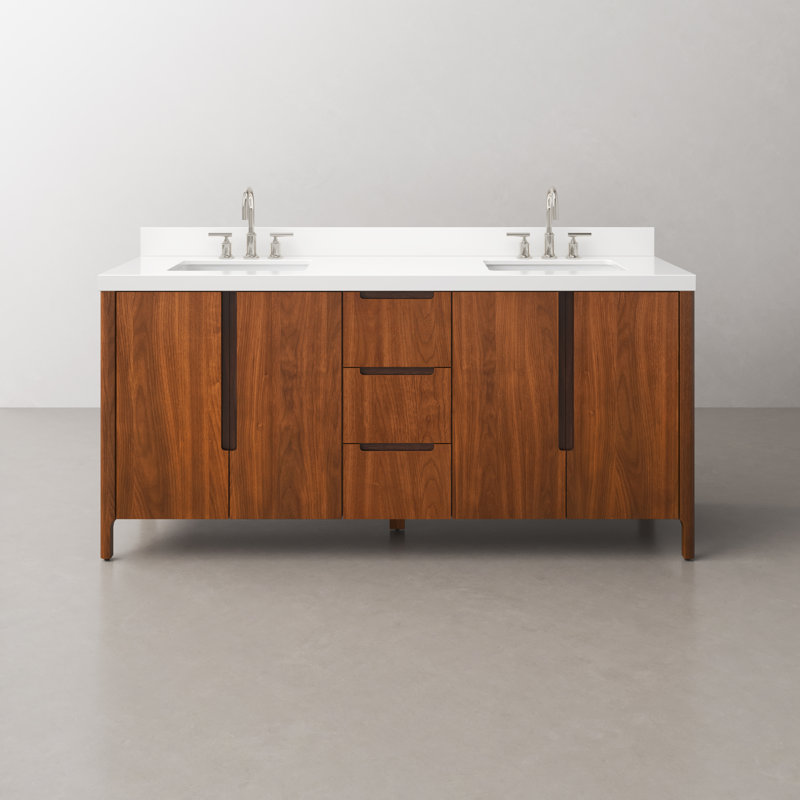 Sequoia 72 In. Double Sink Whitebrook Quartz Countertop Bath Vanity in Mango Wood With Chrome Faucet, Noir Juglans, Chrome