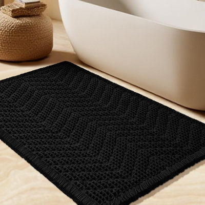 Waffle Bath Mat, Boho Woven Modern Bath Rug Absorbent Non Slip, Ultra Soft Bathroom Mats, Machine Washable Knit Bath Rugs with Herringbones for Bathroom, Bedroom, Kitchen, Shower, Tub, 32"x20", Black