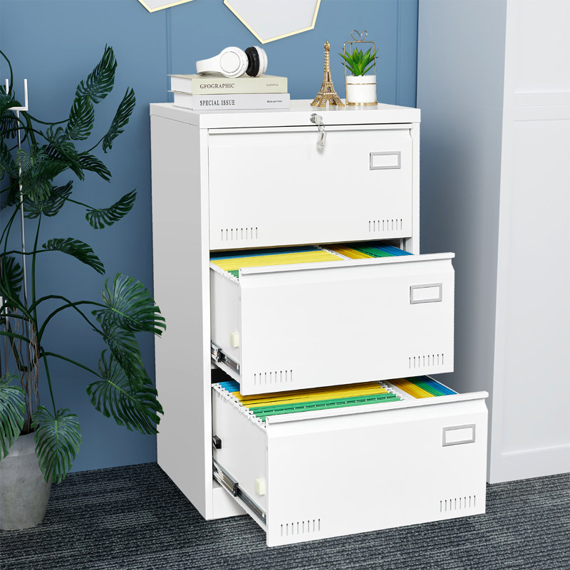 40''H Metal Vertical File Storage Cabinet For Office And Home With Lock And 3 Drawers, White