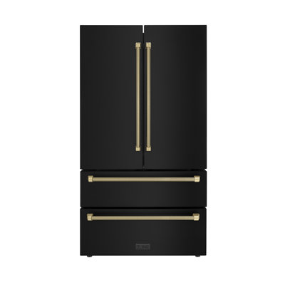 ZLINE Autograph 36 in. Counter-Depth Refrigerator in Black Stainless Steel and Bronze Helix Handles