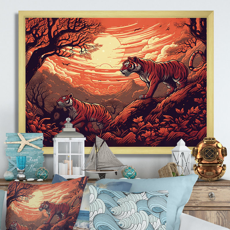 Orange et noir «Clash of Tigers II» sur toile, H 24 po x l 32 po x P 1 po, Encadrement doré