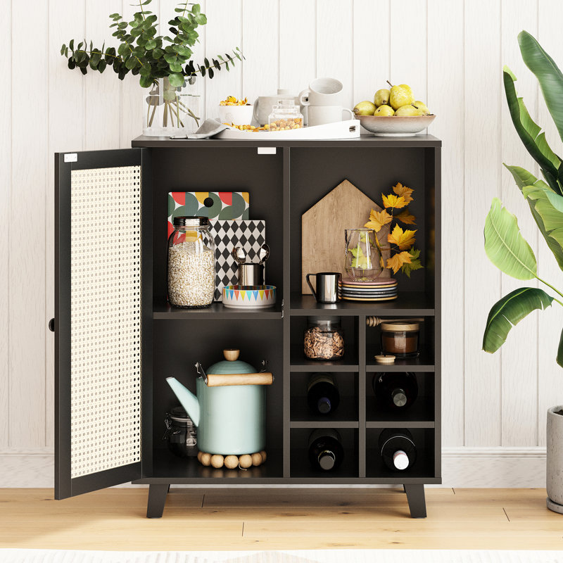 Buffet noir avec 6 tablettes à vin et ouvertes, 34 pouces pour l'organisation à la maison, 27,5 po de largeur, 33,15 po de hauteur, un grand plateau de rangement, une cuisine ou un vestibule, 14,59 de profondeur,