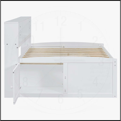 Lit de jour pleine grandeur en bois avec rangement, tablettes et tiroirs, parfait pour les espaces de vie modernes et fonctionnels