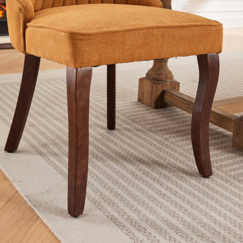 2 chaises de salle à manger, tissu en rayonne, haut soutien, pieds incurvés en bois massif, jaune, tissu d'ameublement en lin jaune de conception américaine, pour une expérience d'assise, coussin éponge rebond avec bandes de caoutchouc et acier