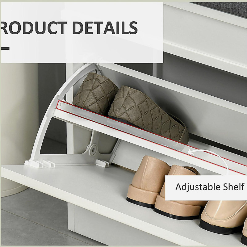 Banc à chaussures pour vestibule, rangement avec coussin, 2 tiroirs, tablette réglable