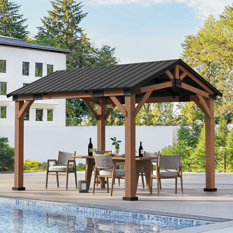 12' X 10' Outdoor Metal Roof Gazebo With Wooden Frame, Hardtop Gazebo,  Resistant Sloping Steel Roof, Brown