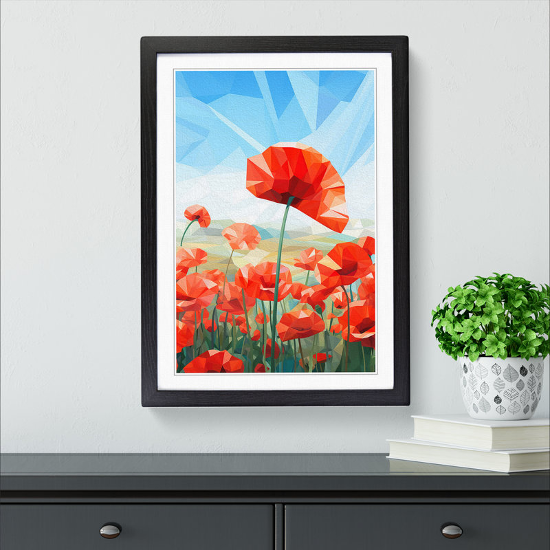 Poppy Field Geometric No.2 - Single Picture Frame Print on Wood, Black Framed, 46cm H x 34cm W x 2cm D