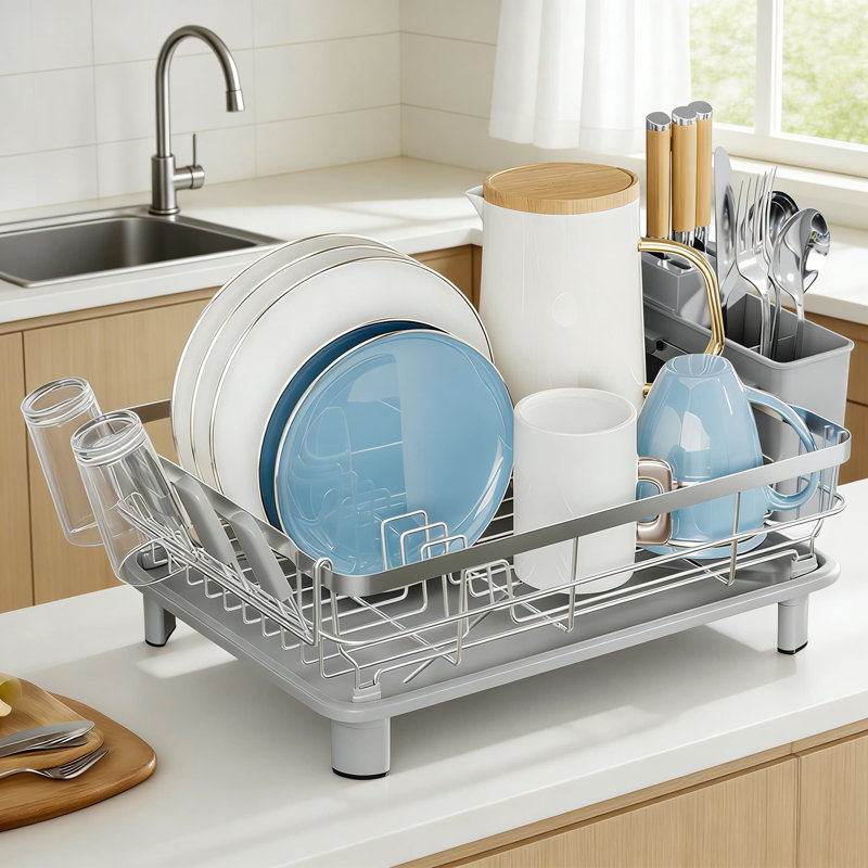Égouttoir à vaisselle en acier inoxydable avec porte-ustensiles amovible, égouttoir et organisateur en verre - Égouttoir à vaisselle de comptoir de cuisine compact pour un drainage efficace