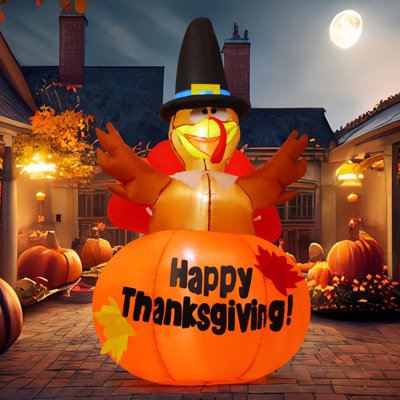 6 FT Lighted Thanksgiving Inflatable Turkey Standing on Pumpkin