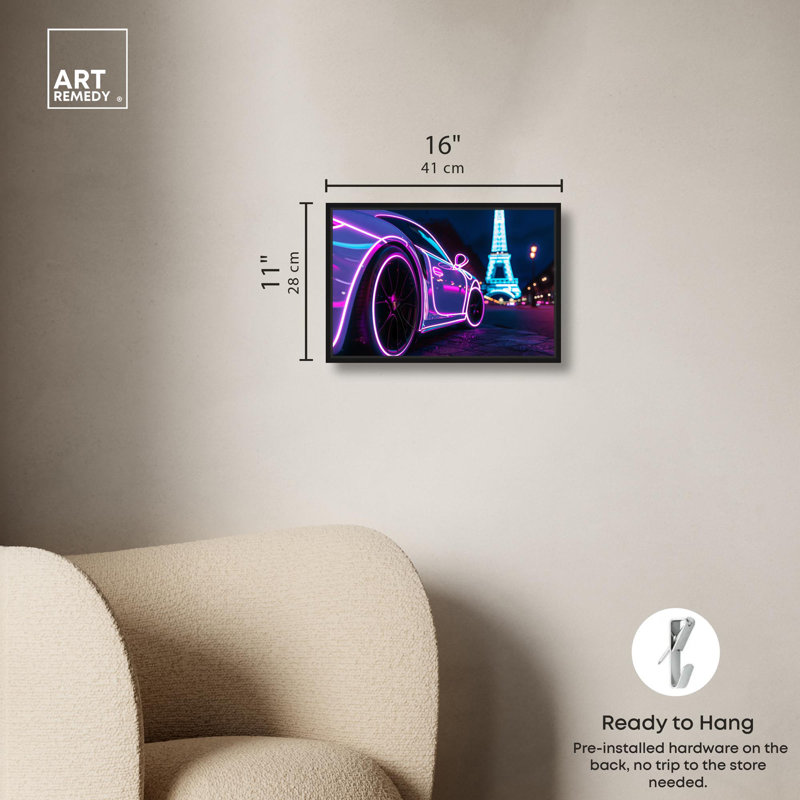 «Neon Eiffel Tower View» par Neon , Cadre flottant noir, H 11 po x l 16 po