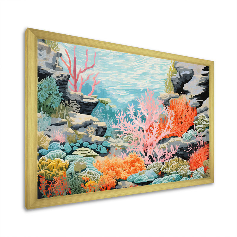 Corail et anémone IV sur toile, Cadre flottant doré, H 16 po x l 32 po x P 1 po