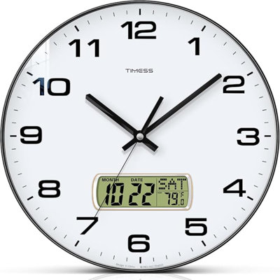 Horloge murale, cadran 12 po, analogique à pile, silencieux, avec affichage à cristaux liquides pour calendrier perpétuel et température F °, idéal pour maison moderne, chambre à coucher, cuisine, bureau (noir)