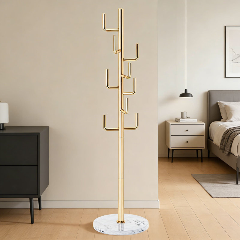 Modern Freestanding Coat Rack With Natural Marble Base And 8 Hooks, Heavy Duty Metal Coat Tree Stand For Jackets, Bags, And Entryway Organization