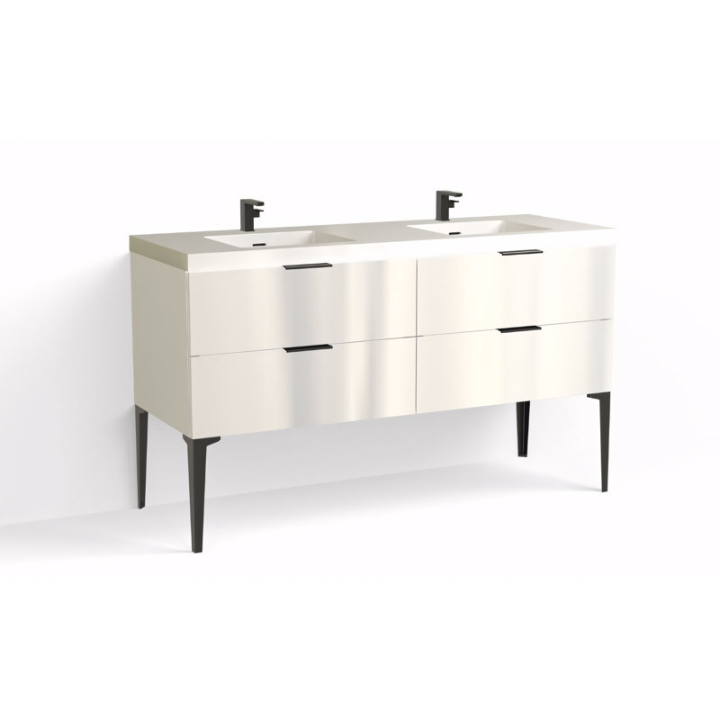 Avila 60" W Freestanding Double Bathroom Vanity with Dean Leg, Matte Black, White Acrylic, Gloss White/Single