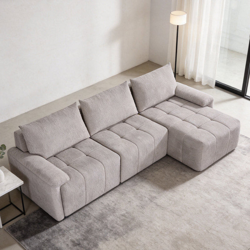 Canapé d'angle modulaire en lin gris en forme de L