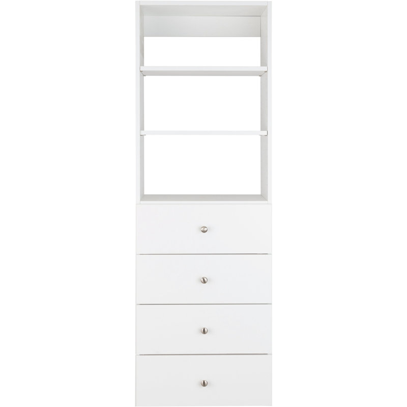 Modular White Wood Closet Tower with Shelves and 4 Drawers
