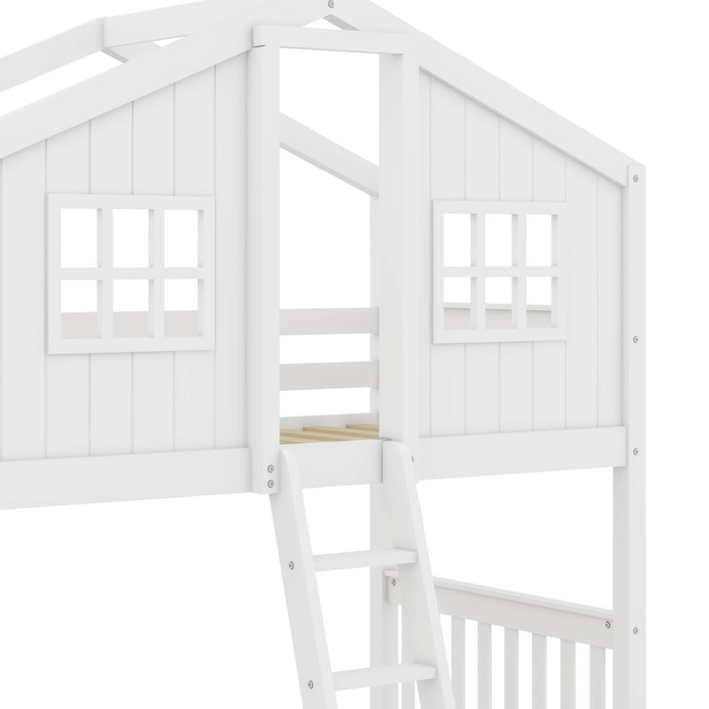 Twin Over Twin Size House Bunk With Ladder And Window,Wood Bunkbed W/Full-Length Guard Rail & Ladder,Slat Support, White