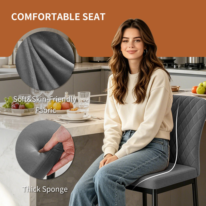 Velvet/Suede Fixed Height Bar Stool With Diamond Tufted Back   , 2, Velvet Grey