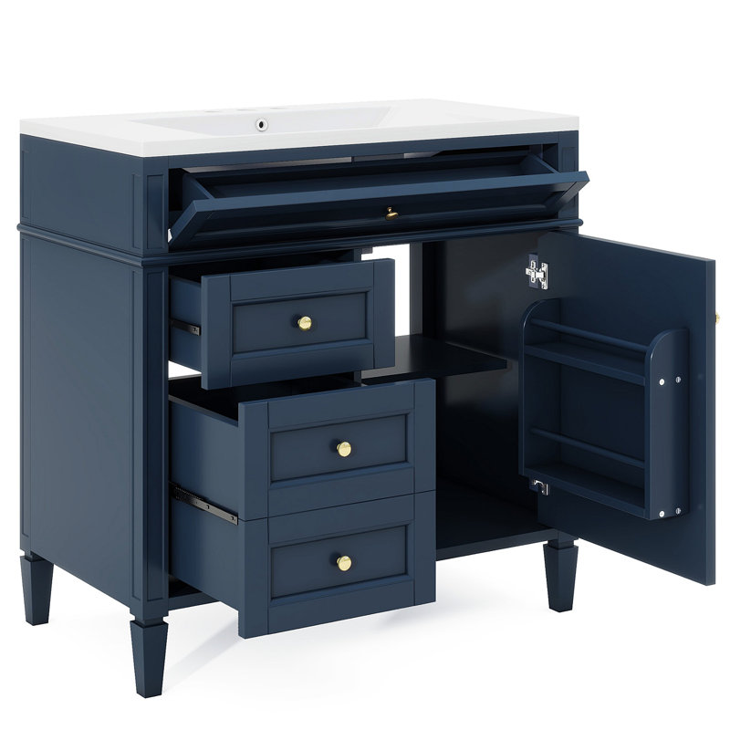 Meuble-lavabo 36 po avec armoire à pharmacie, armoire de rangement moderne avec 2 portes à fermeture douce et 4 tiroirs, meuble-lavabo simple