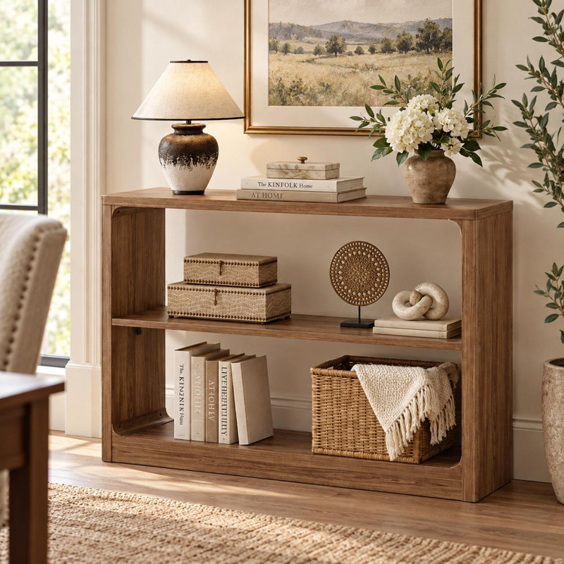 Console de 43 po en bois à bord arrondi, table de canapé à 3 niveaux avec tablettes de rangement ouvertes, table d'entrée moderne pour le salon, le couloir, le vestibule