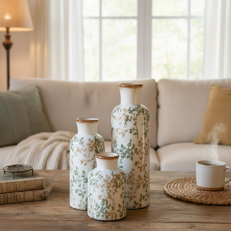Triple ensemble de vases en céramique avec glacis craquelé et motif botanique