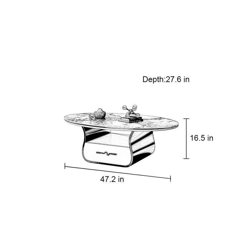 Table basse ovale en pierre claire, H 16,5 po x L 47,2 po x l 27,6 po, Doré